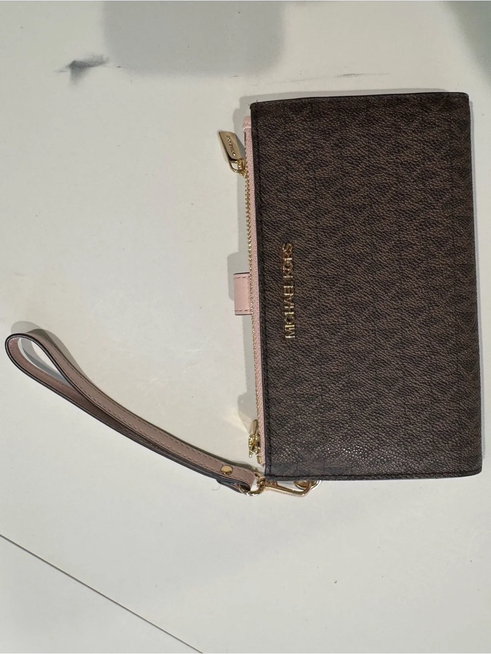 Michael Kors Brown Signature Wristlet with Pink Trim
